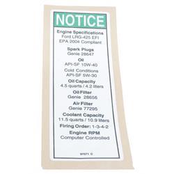 Genie 97571 - decal notice ford eng specs t2