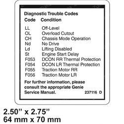 Genie 237116 - decal, fault codes 69dc
